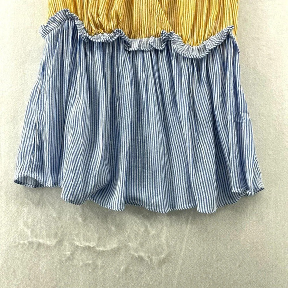 BP Blouse Women XS Yellow Blue Colorblock V-Neck Striped Peplum Pleated Tie Back - Picture 3 of 11